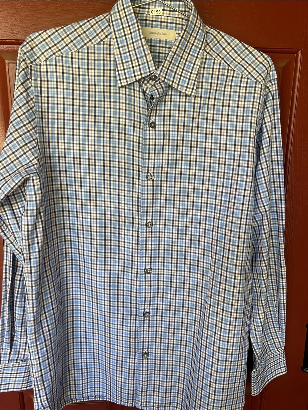 Ermenegildo Zegna Blue and White Plaid Long-Sleeve Dress Shirt